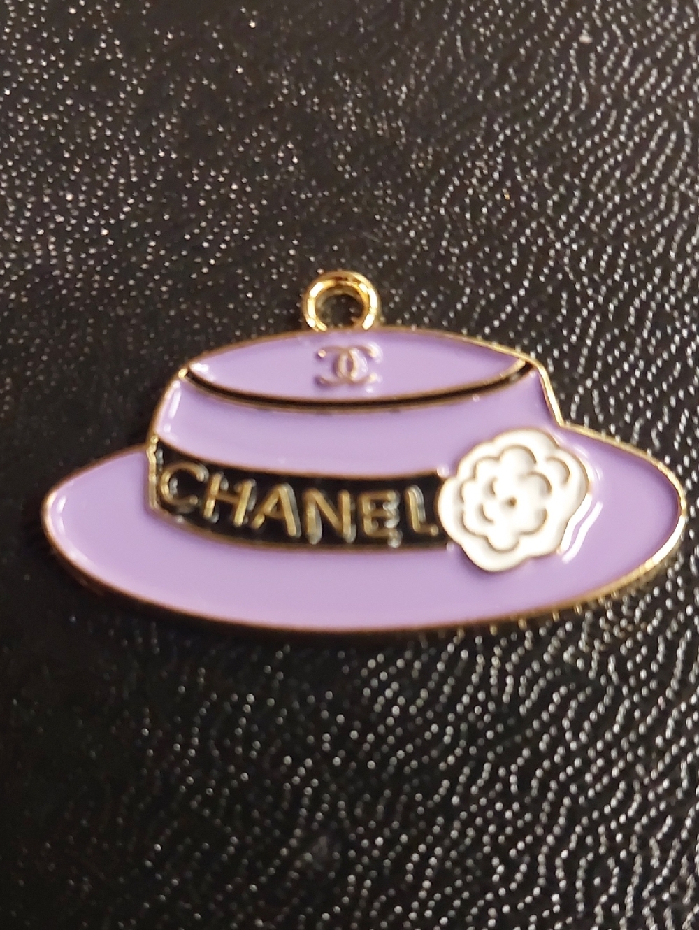 CC Lavender Enamel Hat Charm Pendant with White Camellia
